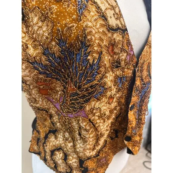 Vintage Batik Beaded Vest | Brown & Multicolor | Handmade Detailing | Size S - Picture 2 of 8